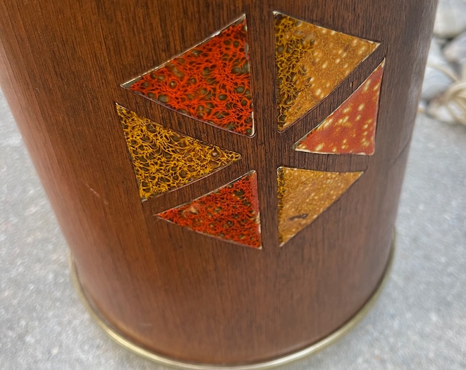 Tall Vintage 70s Wood Hexagonal Enamel Cylinder Lamp Mid Century Lighting Modern