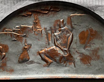 Vintage Decorative Copper Tray Engraved Mid Century Israel Judaica Oppenheim #1