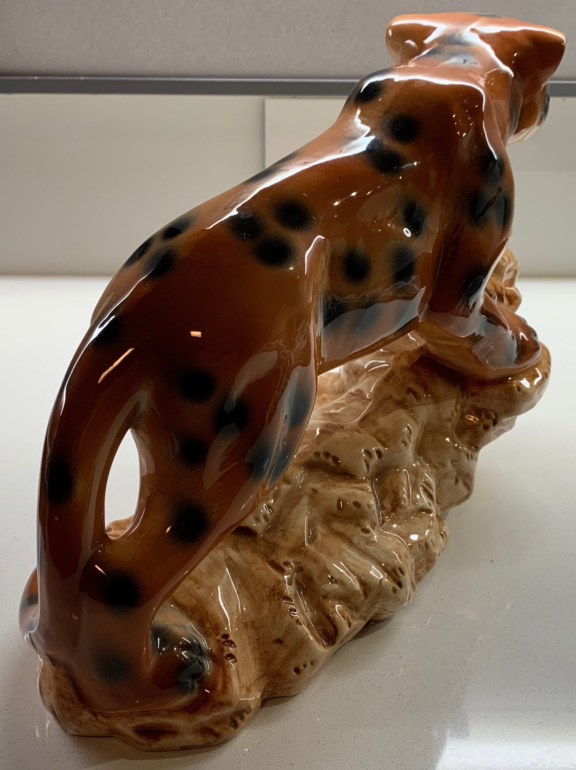 RESERVED Large Vintage 70s Ceramic Spotted Leopard Sculpture Figurine Mid Century Modern