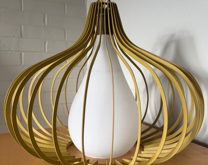 Vintage MCM Yellow Metal Cage Onion Pendant Lamp Mid Century Lighting 1960s