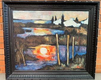 Vintage 1960s Abstract Landscape Oil Painting Modern Art MCM Mid Century Signed J. Albaret