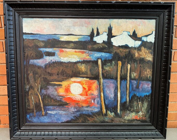 Vintage 1960s Abstract Landscape Oil Painting Modern Art MCM Mid Century Signed J. Albaret