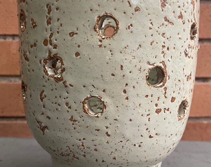 Vintage 70s Beige Decorative Stoneware Vase Planter Signed Modern Pottery Cut Outs