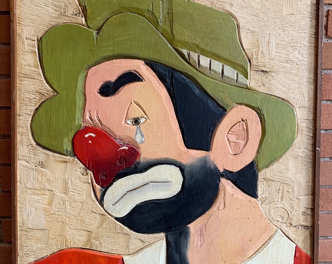 Vintage 80s Hand Carved Wood Sad Circus Clown Painting Modern Art Wall Hanging
