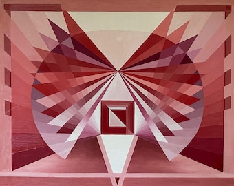 VIntage 80s Geometric Optical Art Hard Edge Painting Modern Wall Hanging Signed