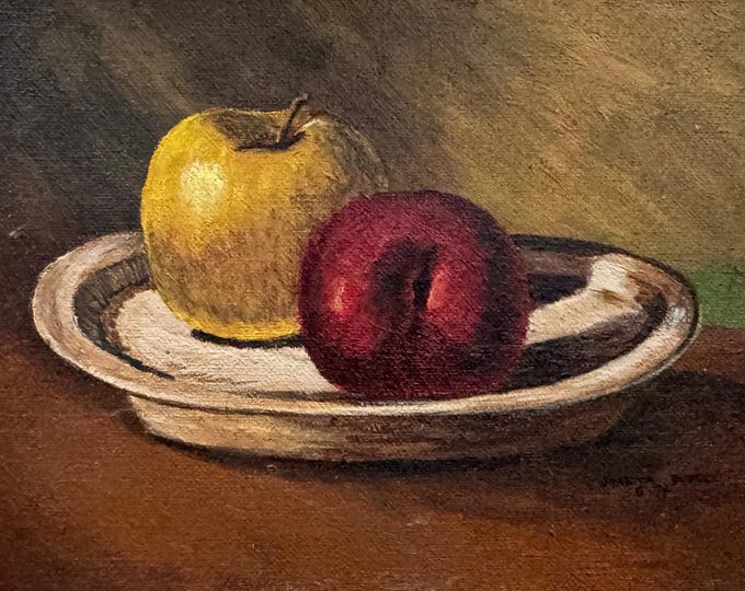 Vintage 70s Still Life Painting Apples Fruit Modern Art Wall Signed Dudeck