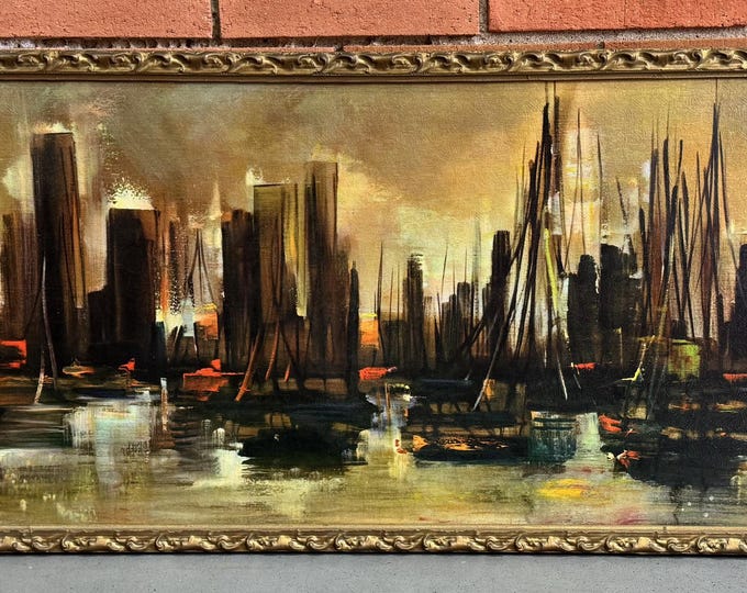 Vintage MCM 60s Ozz Franca Cityscape Boats Lithograph Print Mid Century Modern