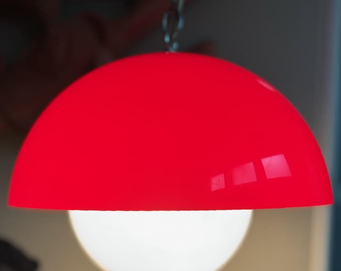 Vintage MCM Red Acrylic Dome Swag Light Hanging Lamp Mid Century Modern 60s 70s
