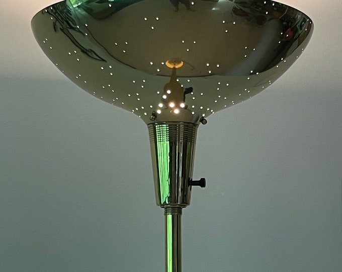 Vintage 60s Brass Torchiere Floor Lamp Mid Century Modern Pierced Shade Lighting MCM Atomic Era