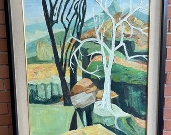 Vintage 1960s Abstract Landscape Oil Painting Modern Art Wall Hanging Signed