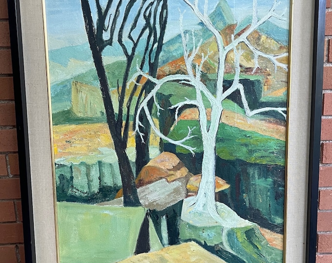 Vintage 1960s Abstract Landscape Oil Painting Modern Art Wall Hanging Signed