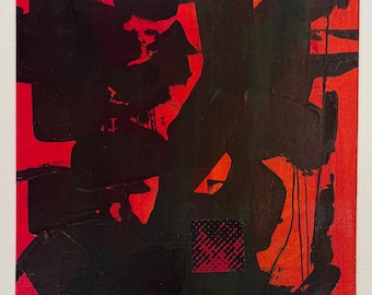 Original Vintage Black Red Abstract Mixed Media Painting Modern Art Wall Hanging Virginia Witt