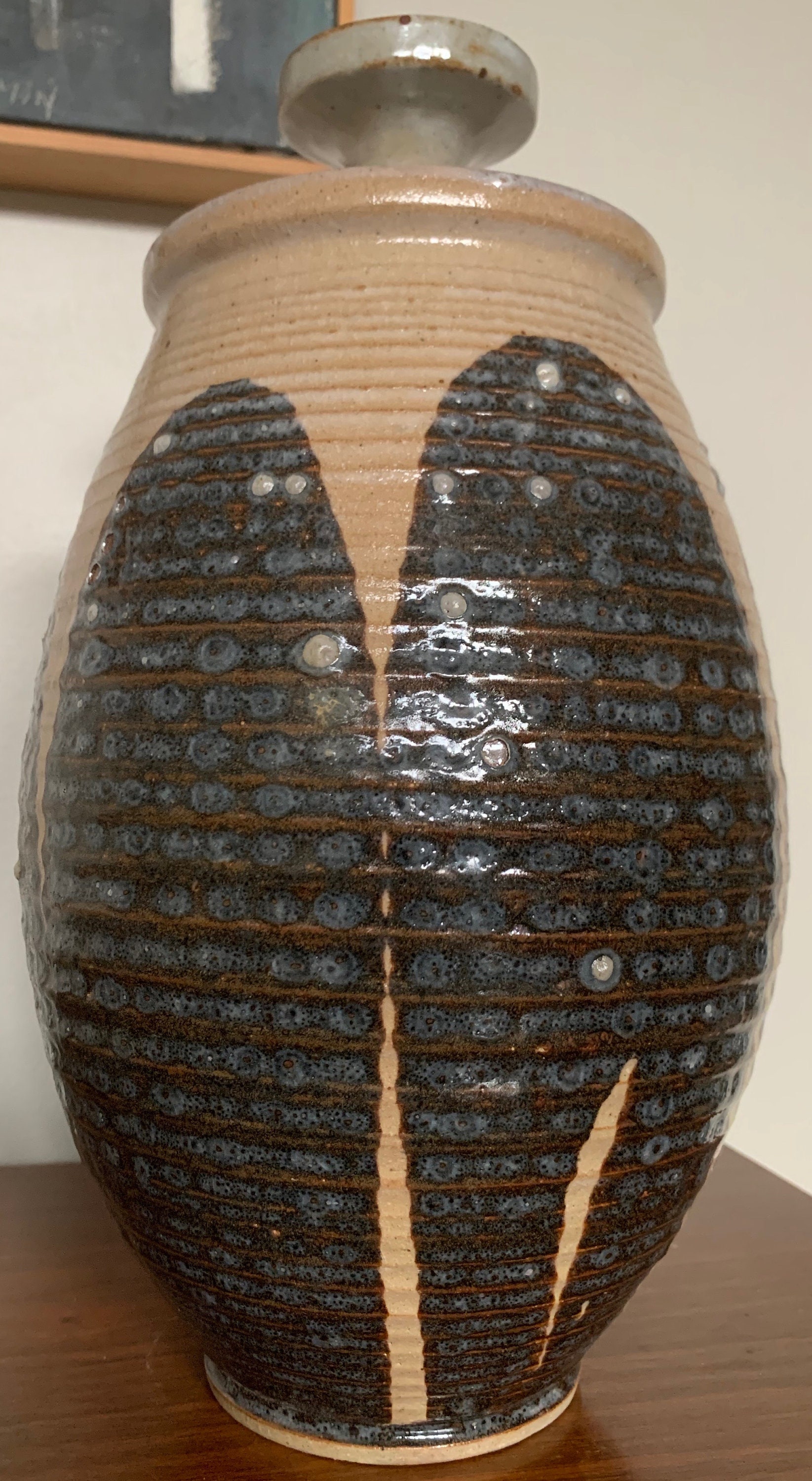 Vintage 60s Ribbed Stoneware Vase Jug Vessel Urn w/ Lid Mid Century