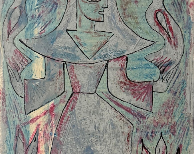 Vintage Figural 50s Mid Century Encaustic Painting Modern Voelkel Stylized Art C