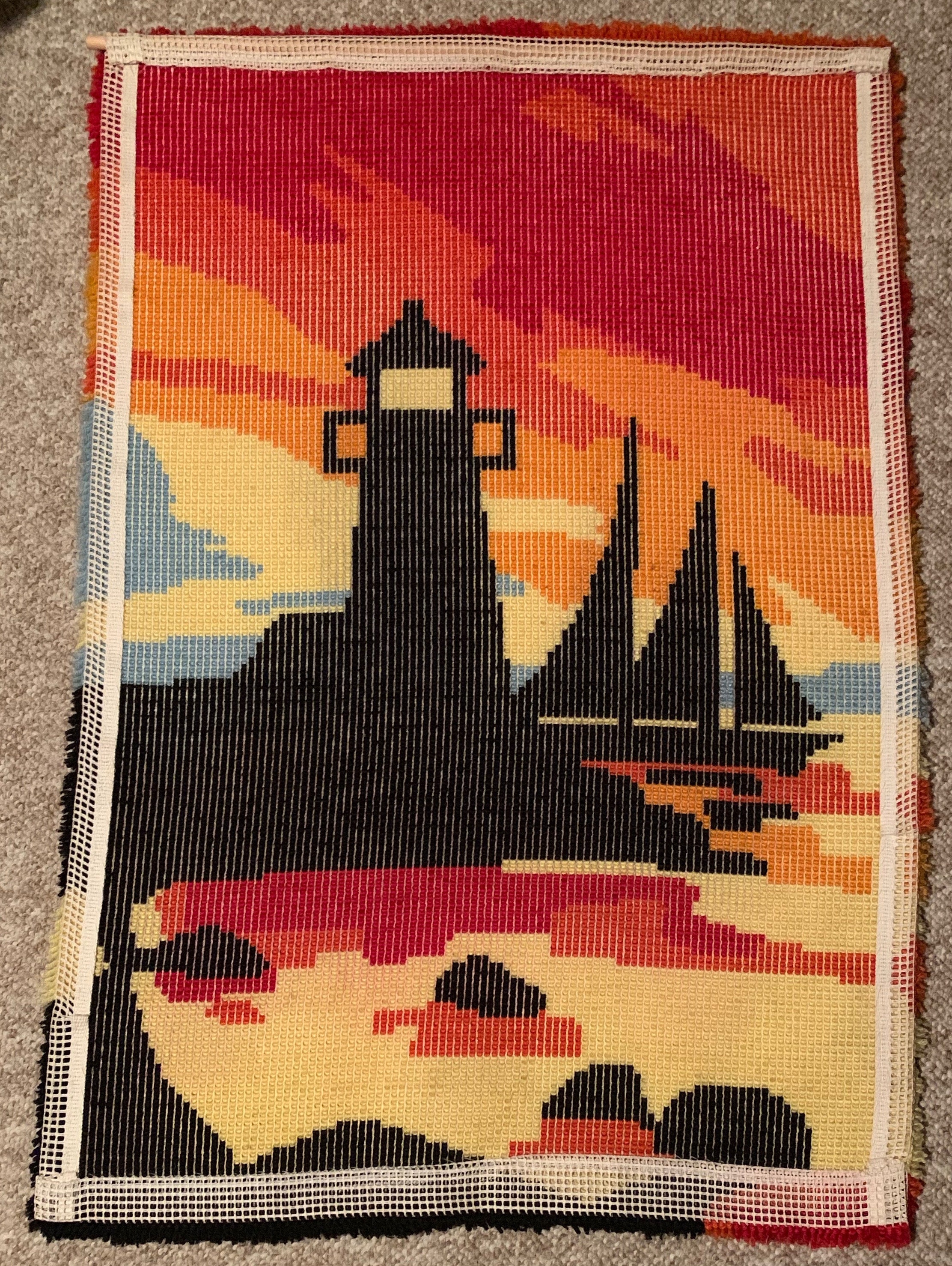 Large Vintage 70s Lighthouse Boat Seascape Latch Hook Yarn Rug Tapestry ...