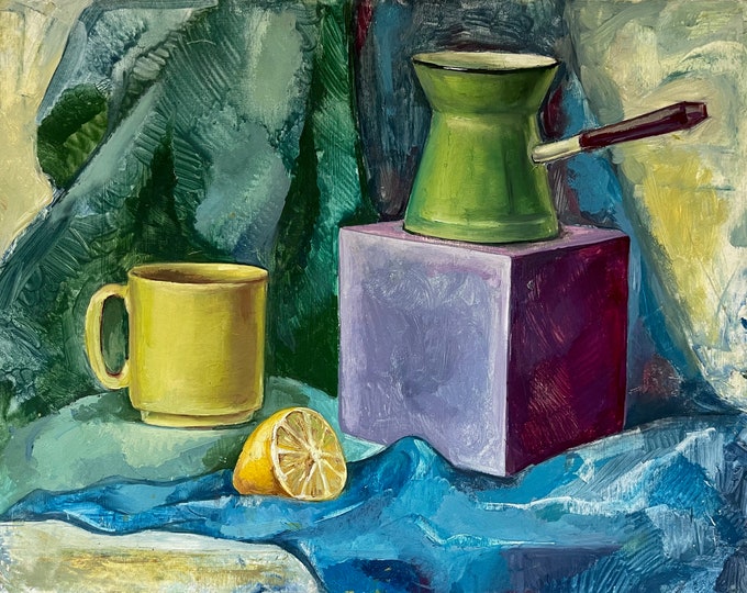 Colorful Vintage Still Life Painting Modern Art Wall Hanging Lemon Coffee Mug Cube