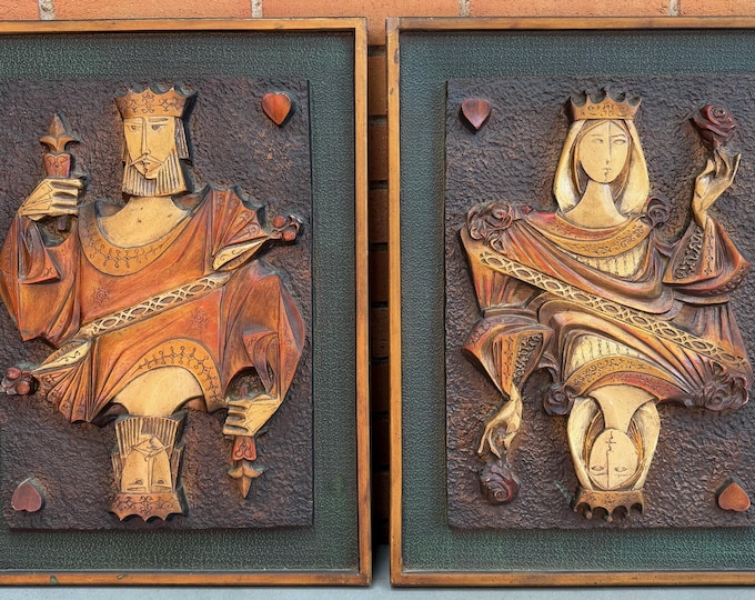 Vintage MCM Queen King Cards Molded Fiberglass Wall Hangings Art Mid Century 60s