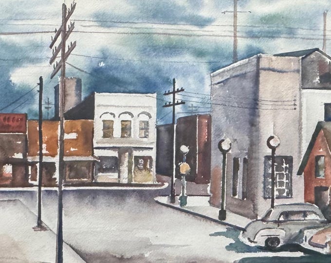 Vintage Architectural Watercolor Painting Art Signed Lauchner Mid Century 1940s