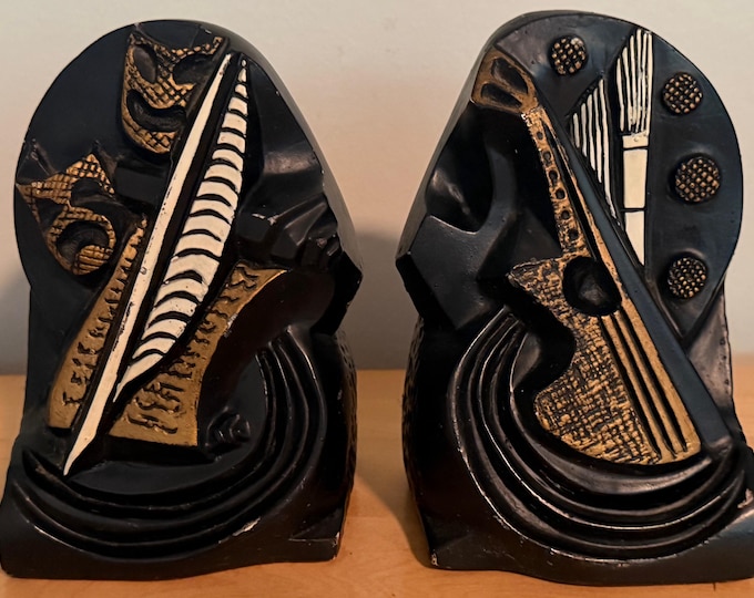 Vintage MCM SCULPURELINE Abstract Bookends Sculptural Comedy Tragedy Guitar Theater Chalkware Mid Century Modern 50s