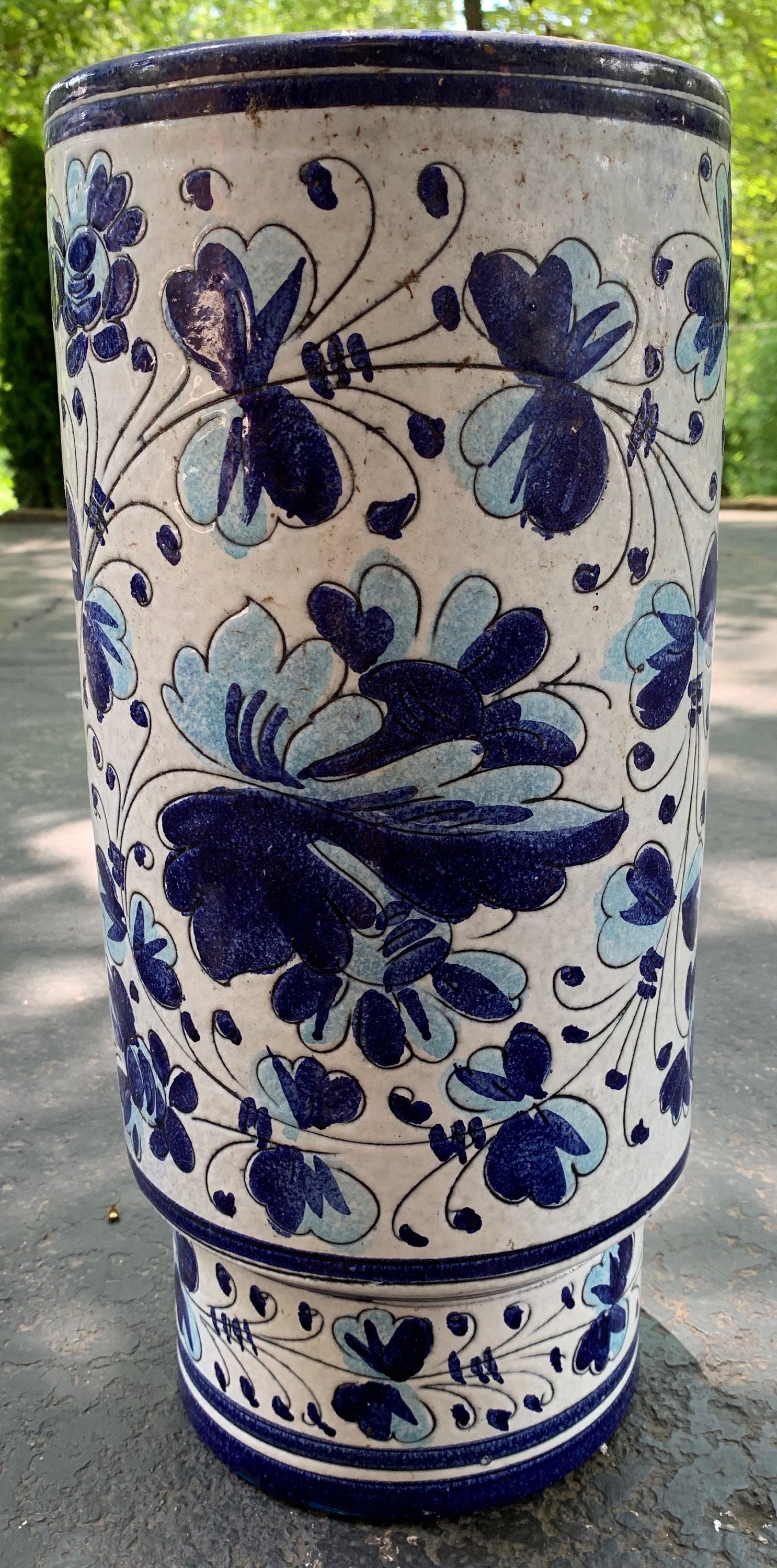 Large Tall Vintage Blue White Cylindrical Floral Ceramic Pottery Urn