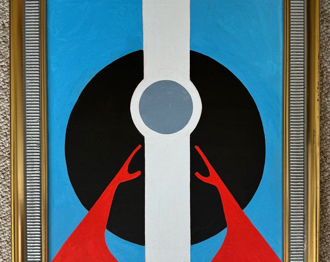 Vintage Geometric Surreal Abstract Painting Art Wall Hanging Signed REM Menges