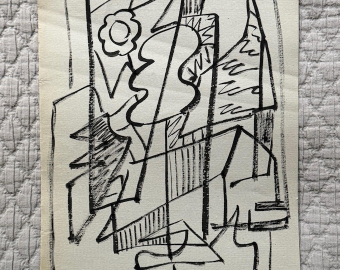 Vintage MCM Abstract Black Painting / Illustration Mid Century Modern 50s Edward Cooper - 1