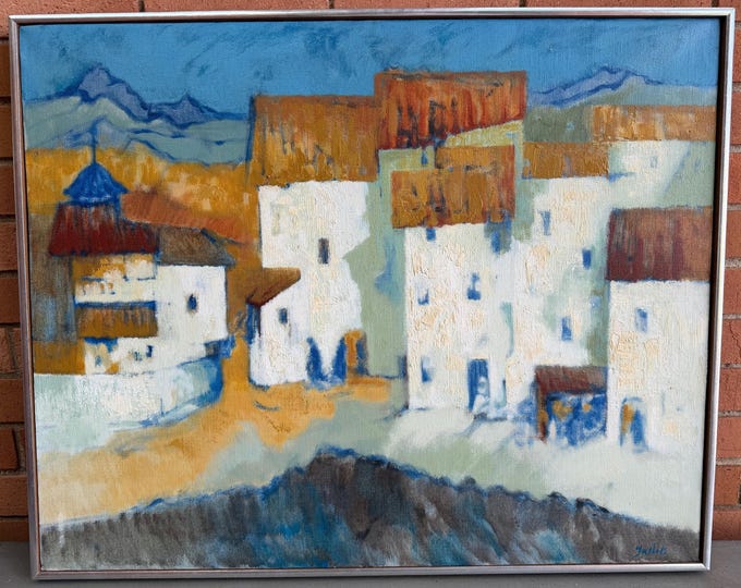 Vintage MCM Abstract Village Oil Painting Modern Art Signed Tasker Mid Century Modern 60s