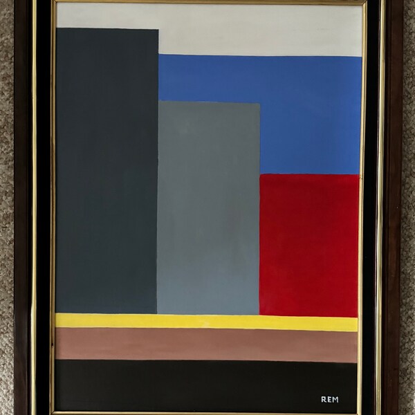 Vintage Geometric Shapes Acrylic Painting Art Wall Hanging Signed REM Menges