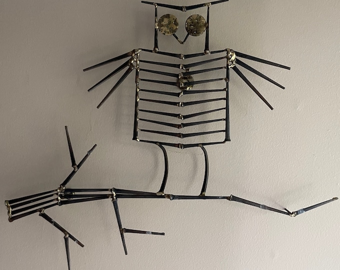 Vintage 70s Metal Brutalist Owl Branch Sculptural Wall Hanging Mid Century MCM Whimsical Bird