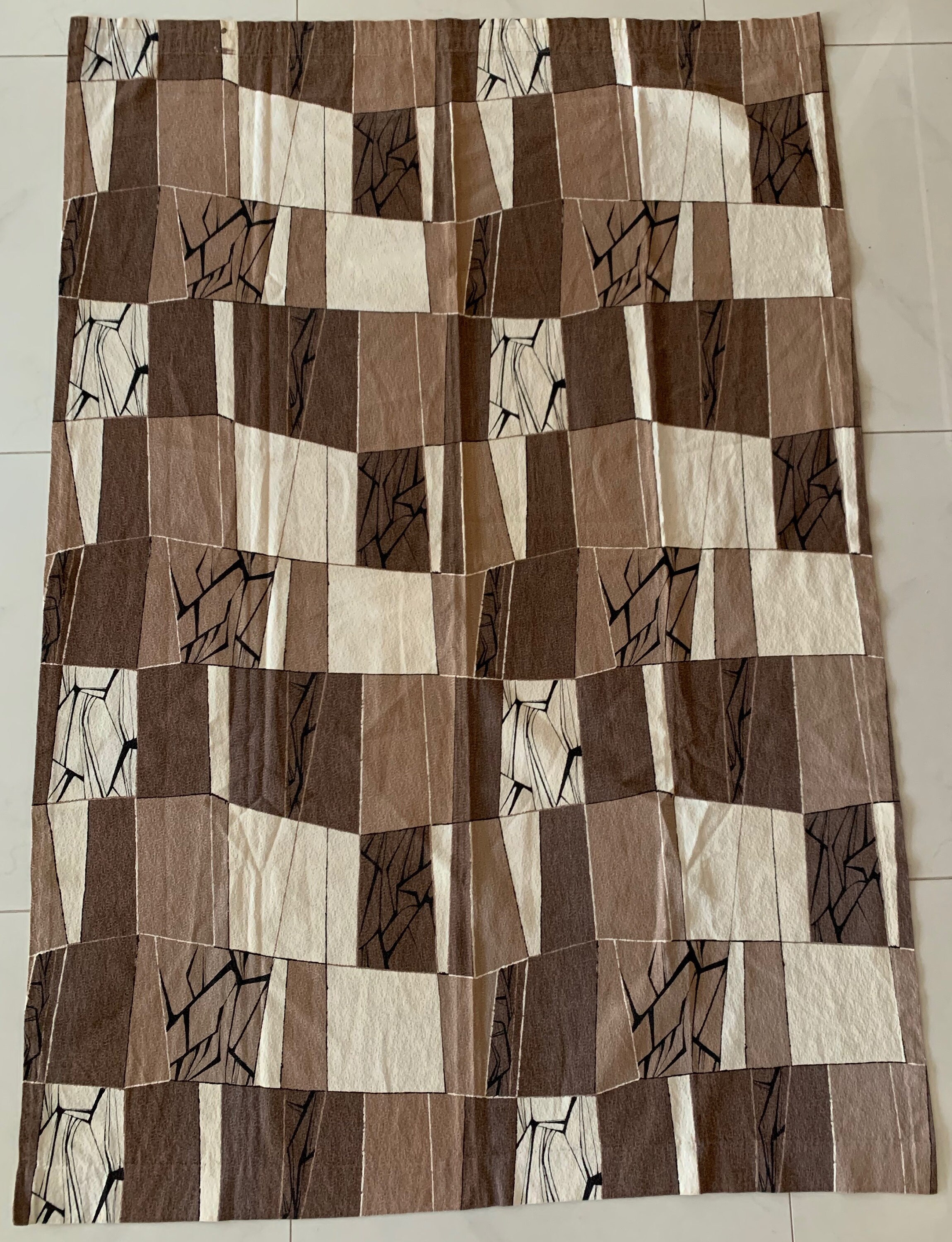 Vintage 50s 60s Brown Abstract Barkcloth Curtain Mid Century