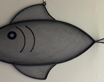 Vintage Sculptural MCM Black Wire Fish Wall Hanging Mid Century Modern 1950s Atomic Era Art