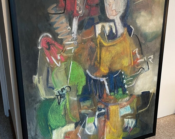 Vintage Abstract Figural Woman Bass Instrument Painting Modern Art Wall Hanging