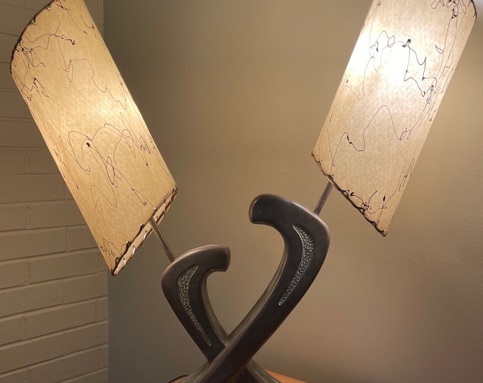 Rare Vintage 50s Double Boomerang Chalkware Lamp Fiberglass Shades Mid Century MCM Modern Lighting Atomic Era