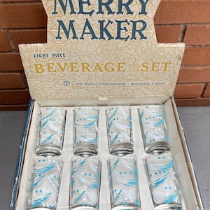 Vintage Federal Merry Maker Blue White Glass Beverage Set Mid Century Modern Drinkware 50s 60s