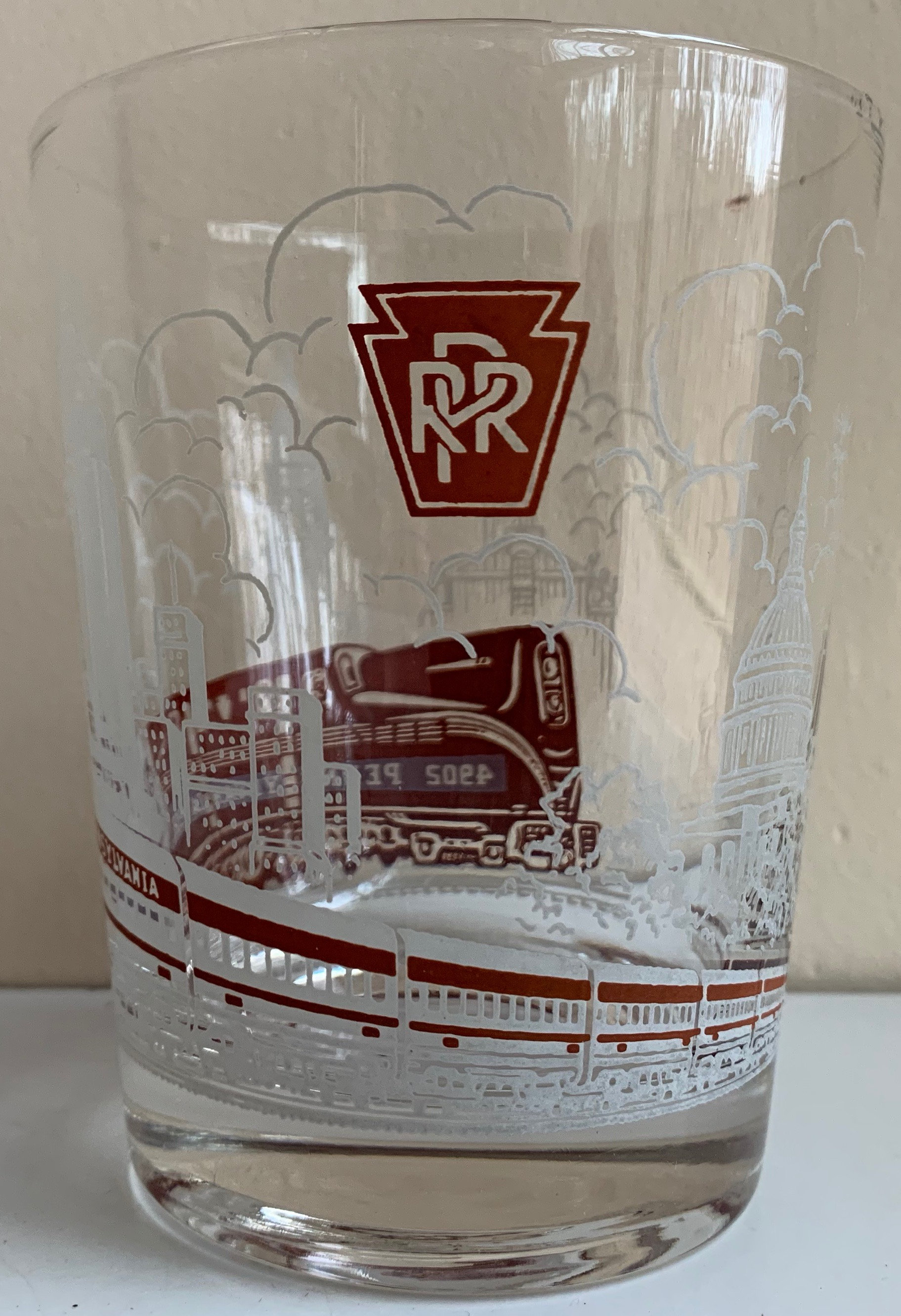 Vintage Brown White Pennsylvania Railroad Drinking Glass Train Libbey