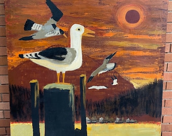 Large Vintage 1970s Seagull Sunset Oil Painting Modern Art Wall Hanging MCM