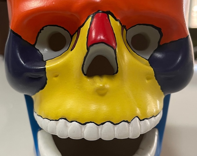 Vintage 1970s Ceramic Pottery Skull Head Multi-Color Sculpture Modern Art Signed Thawley