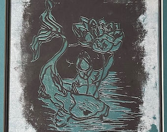 Vintage 70s Black Teal Fish Lotus Flower Woodblock Print Wall Hanging Modern Art