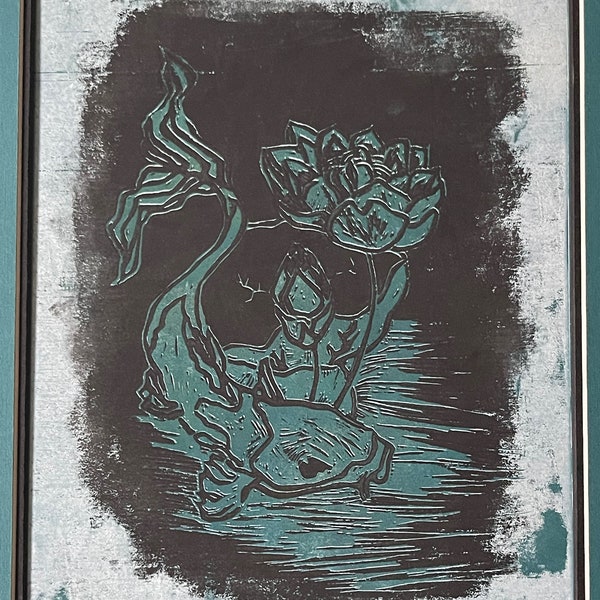 Vintage 70s Black Teal Fish Lotus Flower Woodblock Print Wall Hanging Modern Art