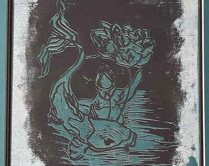 Vintage 70s Black Teal Fish Lotus Flower Woodblock Print Wall Hanging Modern Art
