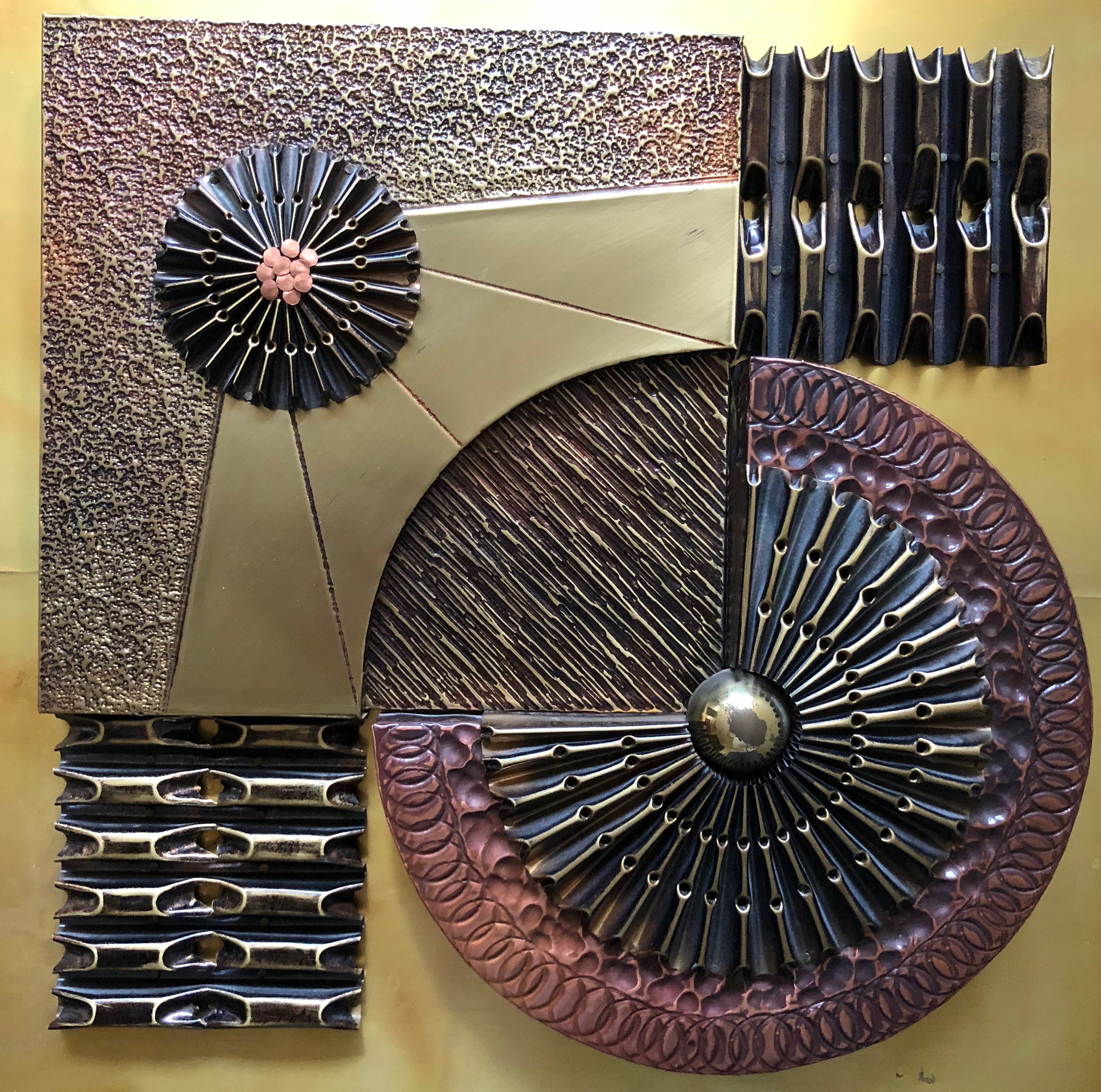 Vintage 70s Mixed Media Metallic Brutalist Wall Hanging Art Mid Century