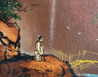 Vintage 1970s Landscape Figure Oil Painting Mid Century Modern Wall Art Signed