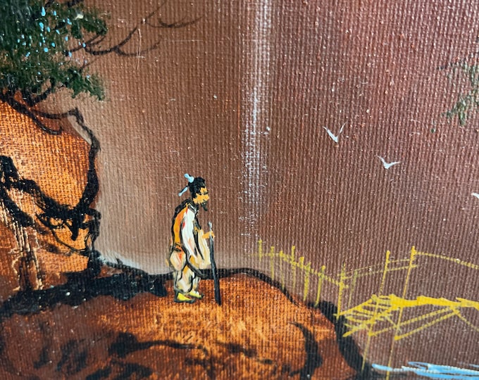 Vintage 1970s Landscape Figure Oil Painting Mid Century Modern Wall Art Signed