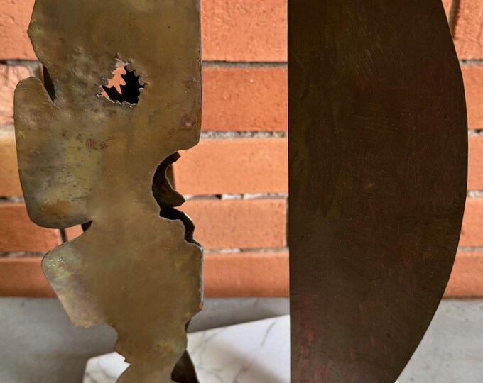Vintage Copper Shapes Stone Abstract Brutalist Sculpture Modern Art 90s Signed