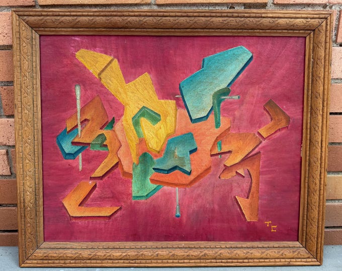 Vintage MCM Abstract Shapes Oil Painting Mid Century Modern Wall Art Signed 60s
