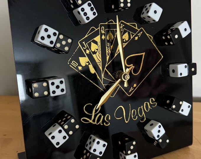 Vintage Plastic Las Vegas Dice Clock Souvenir Kitsch Black Gold White Battery Operated