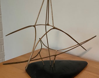 Vintage 70s Wire Wood Abstract Sculpture Mid Century Modern Art Object Signed