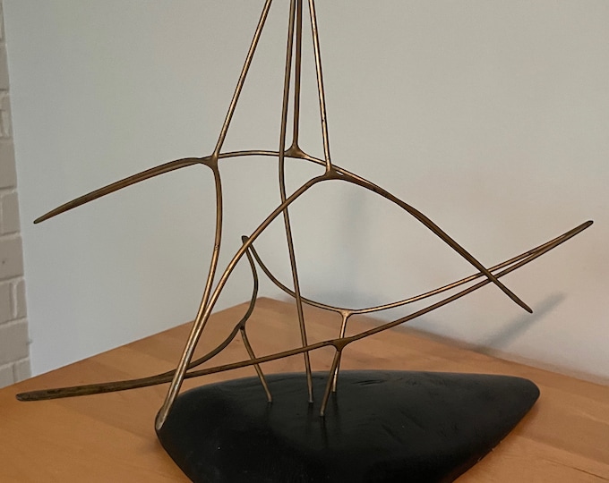 Vintage 70s Wire Wood Abstract Sculpture Mid Century Modern Art Object Signed