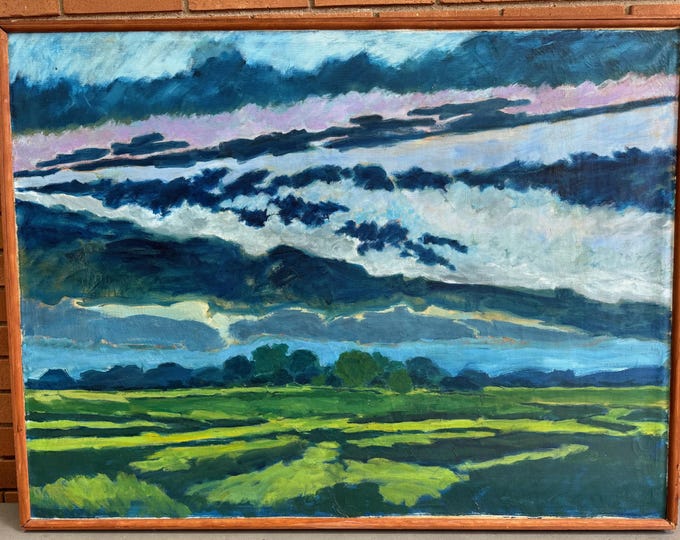 Vintage Landscape Blue Green Trees Sky Oil Painting Modern Art Wall Hanging '70s