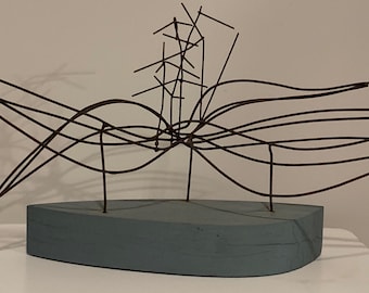 Vintage Abstract Wire Gray Wood Sculpture Mid Century Modern MCM Metal Art 60s 70s